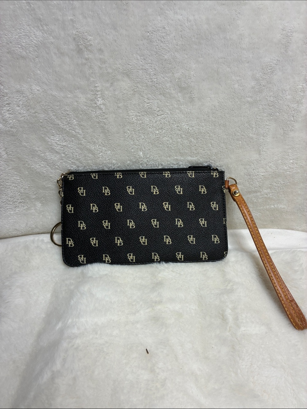 Dooney & Bourke Black Logo Wristlet with Tan Strap